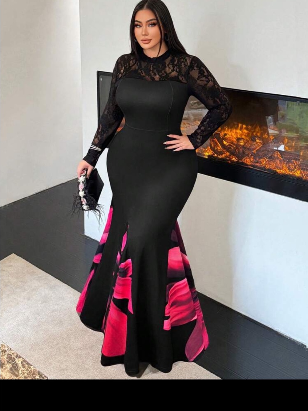 SHEIN Black Long Sleeve Lace Trumpet Gown with Pink Floral Panels